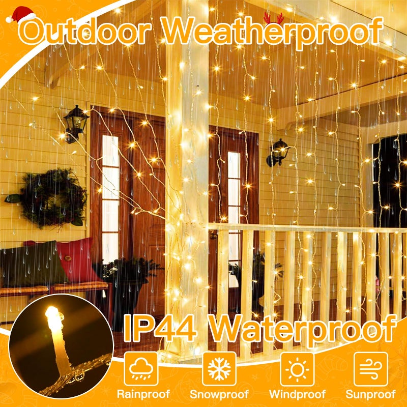 Ollny Christmas Curtain Lights 300 LED 9.8 FTx9.8 FT, Outdoor Waterproof Curtain String Lights with Remote Timer 8 Modes, USB Waterfall Window Lights for Wall Backdrop Home Decorations (Warm White) - Image 4